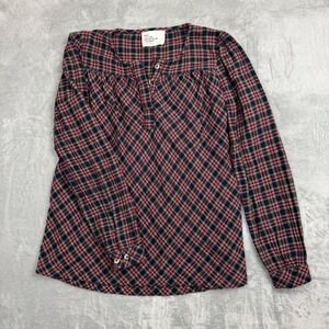 LEON & HARPER Plaid Button Down Long Sleeve Blouse M Navy Red Yellow Preppy